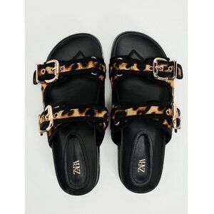 NWT ZARA ANIMAL LEOPARD PRINT LEATHER FLAT SANDALS Size 40 10